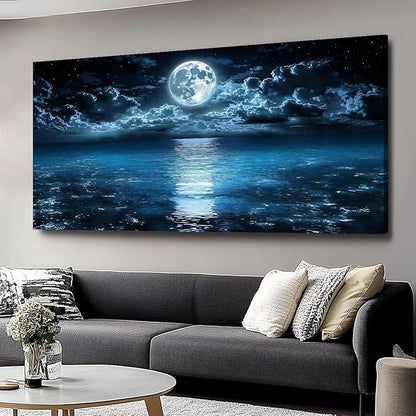 Big Moon Canvas Wall Art - Modern Seascape Paintings for Living Room, Bedroom Wall Decor, Framed Wall Art for Home or Office Decoration, Large Wall Art 20"x40"(50CMx100CM)