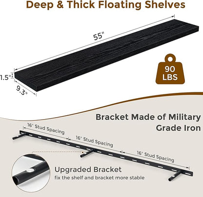 Fun Memories 55 Inch Floating Shelves for Wall, 55x9.3 Large Floating Shelf for Bedroom, Kitchen, Bathroom, Wall Mounted Rustic Wood Shelves with Invisible Bracket for Books, Decor, Black