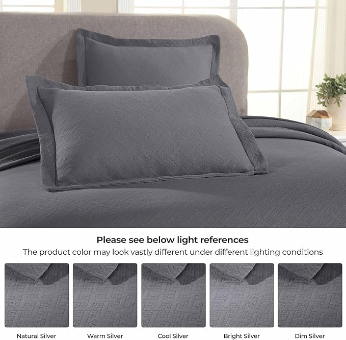 Superior 100% Cotton Basket Weave Bedspread with Shams, All-Season Premium Cotton Matelasse Jacquard Bedding, Quilted-Look Geometric Basket, Full, Grey