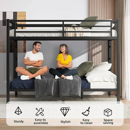 Queen Over Queen Bunk Bed Frame, Heavy Duty Metal Loft Bed for Adults/Teens, 400/600LB Capacity w/Ladder & Guardrail, Noise-Free Steel Slats, No Box Spring Required, Black