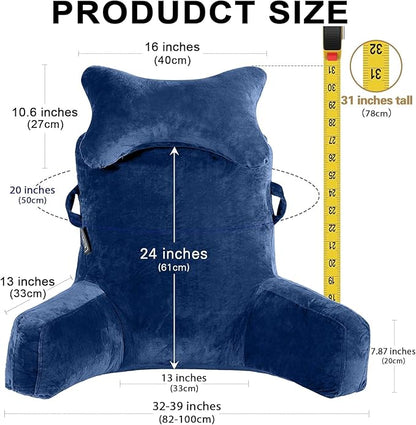 SLIGUY Reading Pillow-Extra Large 31" Bed Rest Pillow with Detachable Neck Roll & Arms for Sitting in Bed or Couch-Adult Backrest Reading Pillow for Reading/Watching TV/Gaming/Relaxing-Dark Blue