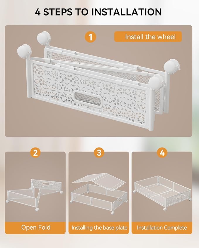 Under Bed Storage with Wheels, Foldable Pattern Carved Metal Under The Bed Storage, Tool-Free Assembly Under The Bed Storage Bins, 60L Underbed Storage for Bedroom Clothes Blankets Shoes Toys-4 Pack