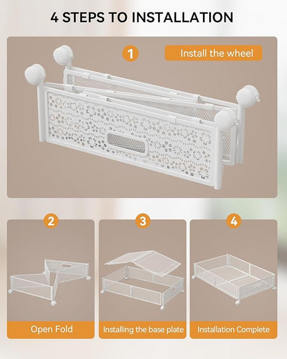 Under Bed Storage with Wheels, Foldable Pattern Carved Metal Under The Bed Storage, Tool-Free Assembly Under The Bed Storage Bins, 60L Underbed Storage for Bedroom Clothes Blankets Shoes Toys-4 Pack