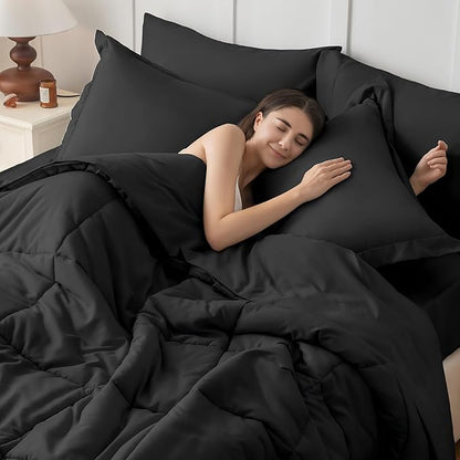 JOLLYVOGUE Twin Comforter Set, Ultra-Soft Bed in a Bag Twin Size 5 Pieces, Oeko-TEX Certified Bedding Set with Down Alternative Comforter, Sheets, Pillowcases & Shams, Black