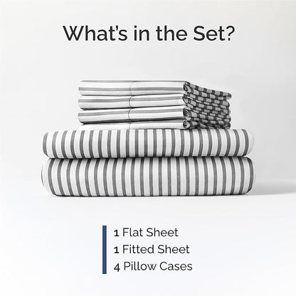 King 6 Piece Sheet Set - Cooling, Comfy & Breathable - Hotel Luxury Bedding, Includes Fitted Sheet for Women, Men, Kids & Teens - 1 Flat, 1 Fitted Sheet, 4 Pillowcases w/Deep Pockets - Grey Stripes
