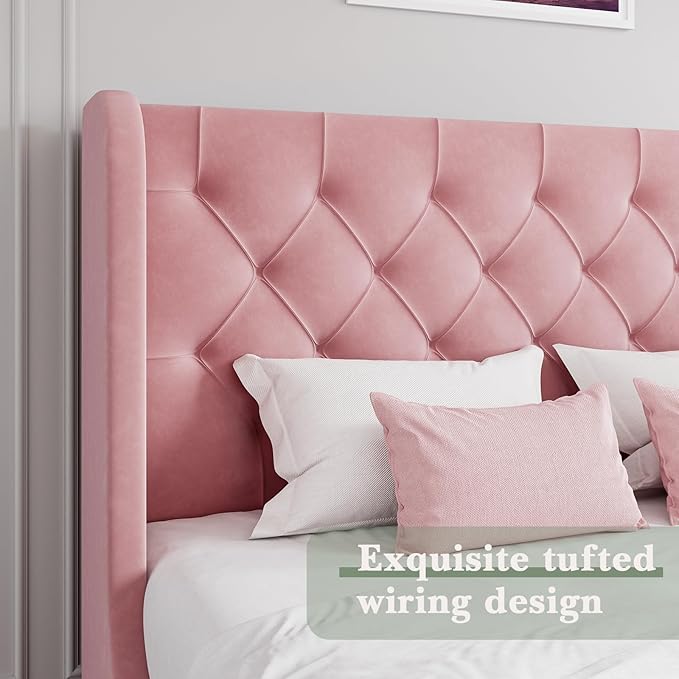 HOMBCK Pink Queen Bed Frame, Upholstered Platform Bed Frame with Velvet Tufted Headboard, Curved Wingback Design, Wooden Slats, No Box Spring, Noise Free, Easy Assembly