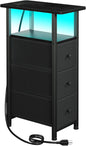 LOAKEKEL Narrow End Table Living Room with Charging Station, Skinny Side Table with Fabric Drawers, Slim LED Nightstand for Bedroom, Small Spaces, Couch, Black, HETNDP03LBK-1