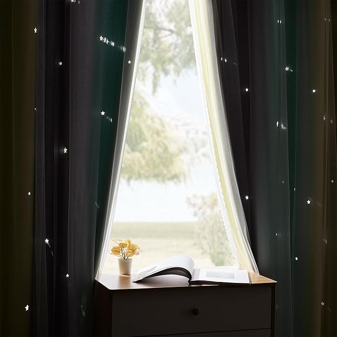 XiDi Yellow Blackout Curtains for Bedroom, Kids Room, Girls Room - Rainbow Unicorn Wall Decals, Grey Green 34X72 Inch Long