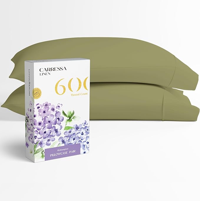 Carressa Linen 100% Egyptian Cotton Pillow Cases Queen Size Set of 2 - Luxury 600 Thread Count Sage Green Standard/Queen Size Pillowcases, Silky Soft, Cooling Sateen Weave Hotel Quality Pillow Cover
