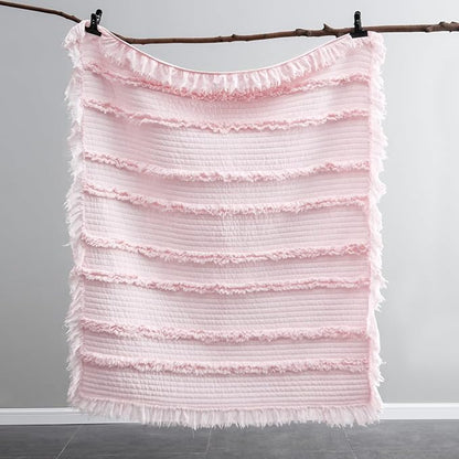 Ultra Soft Pre-Washed Quilted Boho Pink King Size Blankets for Bed, Ruffle Fringed Decorative Throw, Stone Washed Chic Rustic Blanket for Sofa Couch Bed, 104"*90"