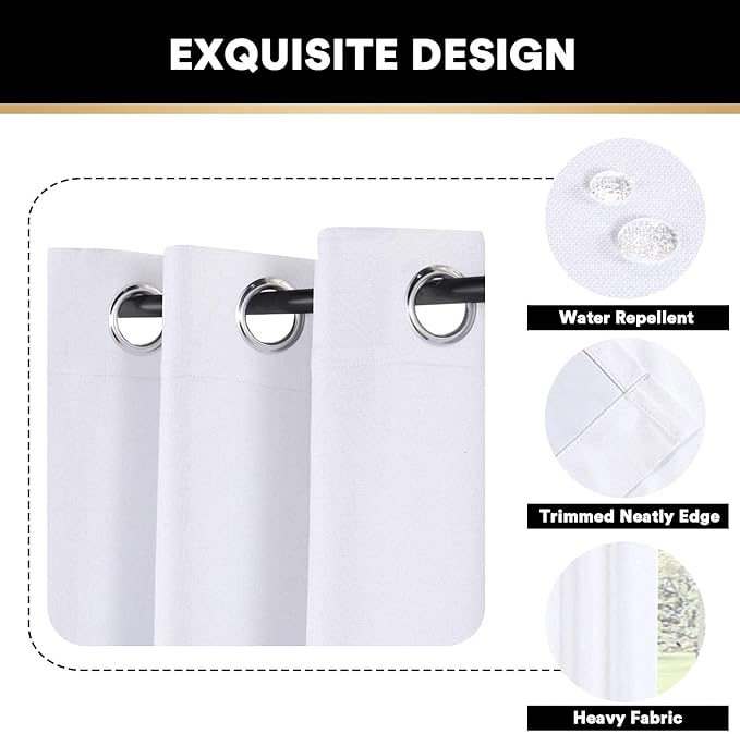 PrinceDeco White 100% Blackout Curtains 54" Long Blackout Curtains for Bedroom Linen Texture Solid Thermal Insulated with White Liner Luxury Decor for Nursery 52x54 Inch (2 Panels)