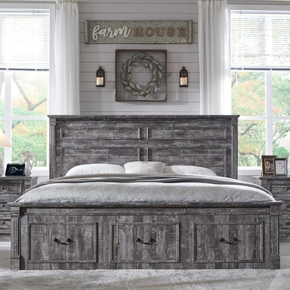 Farmhouse King Size Bed Frame with 51" Tall Headboard, Wood Platform Bed Frame with 20" Tall Roman Column Decoration Footboard & 3 Large Storage Drawers, No Box Spring Needed (Light Grey)