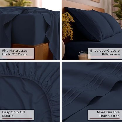 Mellanni California King Sheet Set - 6-Piece Iconic Collection Bedding, (Including 4 Pillowcases), 21-Inch Extra Deep Pocket, Easy Care, Ultra Soft, Cooling Sheets, Brushed Microfiber - Navy Blue