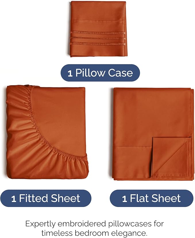 Twin Size 3 Piece Sheet Set - Comfy Breathable & Cooling Bed Sheets Set - Hotel Luxury Bedding for Women, Men, Kids, Teens, Boys & Girls - Deep Pockets, Soft and Wrinkle Free - Oeko-Tex - Terracotta