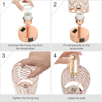 Hong-in Rose Gold Lamp Set of 2, 3-Way Crystal Table Lamp Touch Control with USB-C+A & AC Ports, Dimmable Nightstand Desk Light, Pink Bedside Table Lamp for Bedroom(Bulb Included & Set of 2)