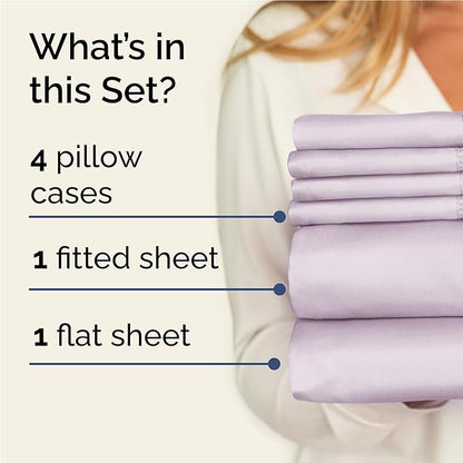 Full 6 Piece Sheet Set - Cooling & Breathable - Hotel Luxury Bedding, Includes Fitted Sheet for Women, Men, Kids and Teens - 1 Flat, 1 Fitted Sheet, 4 Pillowcases with Deep Pockets - Light Lavender