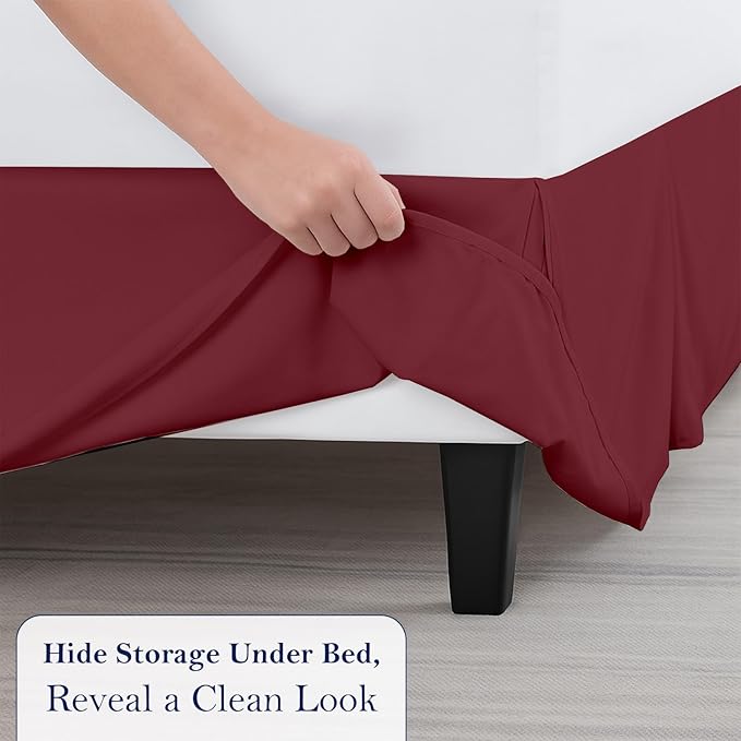 King Bed Skirt, Luxury 15 Inch Drop Burgundy Pleated Bed Skirt, Double Brushed Microfiber, Box Pleat Design, Wrinkle & Fade Resistant, Easy Fit Tailored Bedskirt for King Size Beds