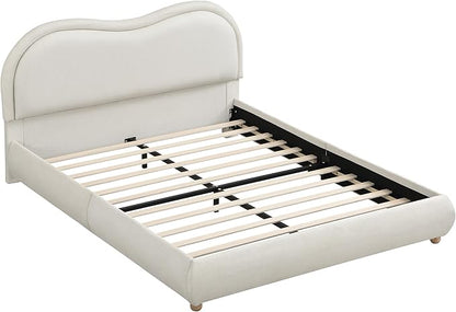 Queen Size Upholstered Platform Bed Frame, Modern Cloud Bedframe with Headboard, Low Profile Bed Floor Bed Frames with Soft Rounded Corners, No Box Spring Required, Easy Assembly, Chenille Cream