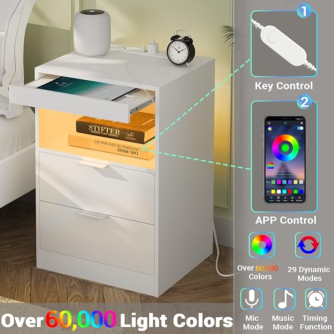 Tiptiper LED Nightstand with Wireless Charging Station, Bedside Table with LED Lights, End Table with 2 Drawers, 1 Pull-Out Tray and Open Storage, Modern Night Stand with USB Ports and Outlets, White