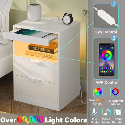 Tiptiper LED Nightstand with Wireless Charging Station, Bedside Table with LED Lights, End Table with 2 Drawers, 1 Pull-Out Tray and Open Storage, Modern Night Stand with USB Ports and Outlets, White