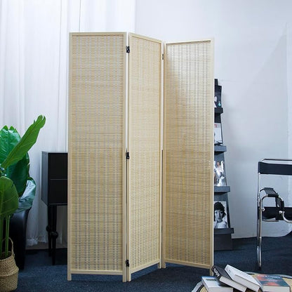 Furnnylane 3 Panel Room Divider and Folding Panel Screen,Bamboo Panel Divider Screen for Room Separation,Beige,67" H x 46" W
