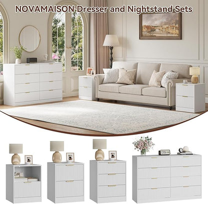 8 Drawer Dresser & Nightstand Set 3-Piece, 55” Wide Fluted Dresser and Night Stand Set of 2 with Metal Handle, Modern Wood Chest of Drawers Storage Dressers Set for Bedroom, White