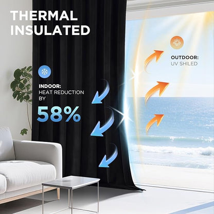 Joydeco Black 100% Blackout Curtains 120 Inch 2 Panels, Luxury Thermal Insulated Black Velvet Curtains for Bedroom Living Room, Soundproof Blackout Window Drapes, Grommet Top (52W x 120L)