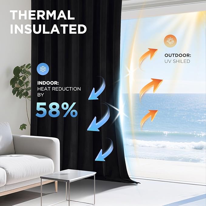 Joydeco Black 100% Blackout Curtains 102 Inch 2 Panels, Luxury Thermal Insulated Black Velvet Curtains for Bedroom Living Room, Soundproof Blackout Window Drapes, Rod Pocket & Back Tab (52W x 102L)