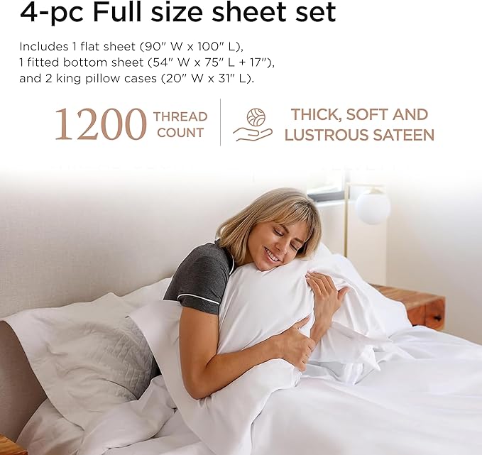 Threadmill Luxury Supima Cotton Sheets, Luxury 1200 Thread Count Soft 100% Cotton Sheets for Full Size Bed, 4 Pc White Bed Sheets Full Set, 5-Star Hotel Quality Deep Pocket Bed Sheets Set