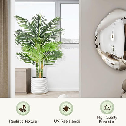 4ft Tall Triple Golden Cane Palm Artificial Tree 48" Large Tropical Palm Tree UV Resistant Fake Tree in Pot for Indoor Outdoor Big House Living Room Outside Patio Office Home Decor 2Pack