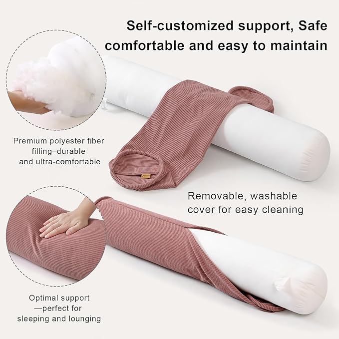 Long Bolster Pillow for Bed – Soft Corduroy Body Pillow for Adults, Ergonomic Full-Length Support for Better Sleep,47 x 7.87 Inches,Brick Brown