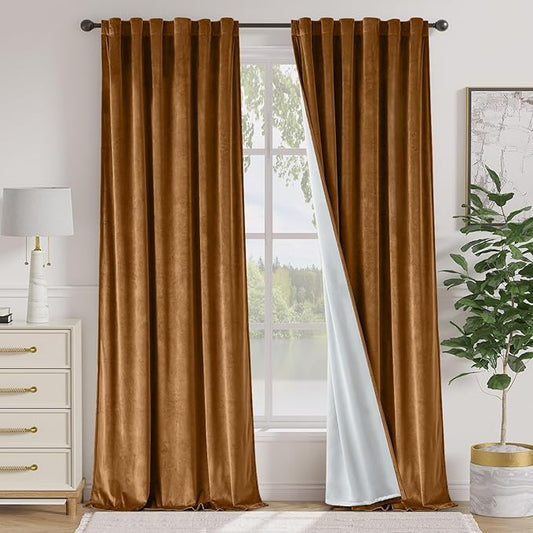 Lazzzy Gold Brown Velvet Curtains 108 Inches Long Blackout Thermal Insulated Room Darkening Lined Curtain Drapes Back Tab Window Treatments for Bedroom Living Room 2 Panels,52 x 108 Inch, Golden Brown