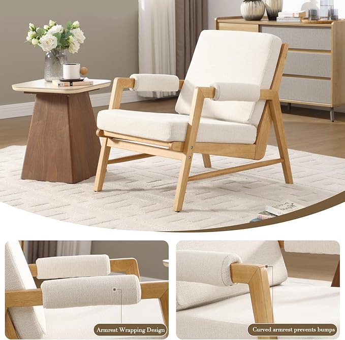 HEAH-YO Modern Accent Chair Set of 2, Upholstered Linen Fabric Living Room Chair with Wooden Frame, Comfy Armchair with Thick Cushion for Bedroom Balcony, Beige