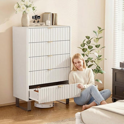 Fluted 5 Drawers Dresser, 48" H Modern Country Storage Dressers with Brushed Metal Handles, Wood Storage Organizers for Living Room, Hallway, White