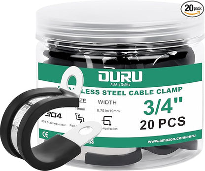 20pcs 3/4 Inch Stainless Steel Cable Clamps,Rubber Coated Cushioned Insulated Cable Clamp,Automotive Cable Wire Clamps,Pipe Clamps,Metal Clamp for Tube,Lines,Wire Cord Installation(Black,19mm)