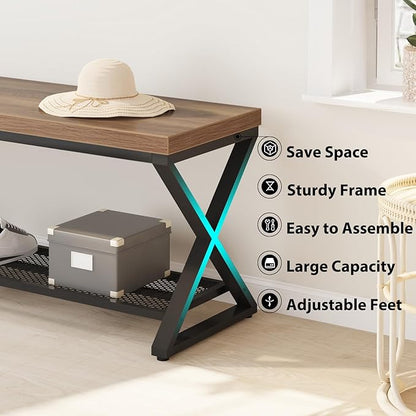LVB Entryway Shoe Bench with Storage, 39” Entryway Bench for Foyer Hallway, Farmhouse Wood and Metal Indoor Bench for Entrance, Shoe Rack Storage Bench with Sitting for Living Room, Rustic Oak, 39 in