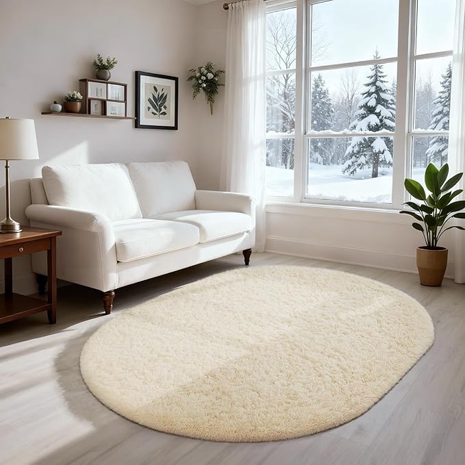 Ophanie 3x5 Oval Ivory Rugs for Bedroom Living Room, Fluffy Fuzzy Furry Carpet, Plush Soft Shaggy Bedside Indoor Floor Area Rug for Kids Girls Boys Baby Teen Dorm Nursery Home Decor Aesthetic
