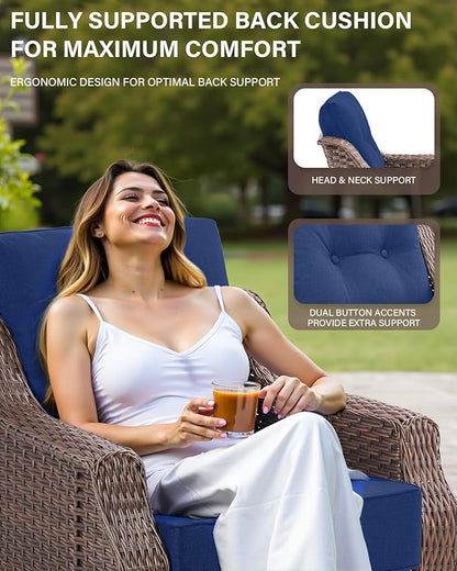 Belord 7 Piece Patio Furniture Set - High Back Swivel Rocker Glider Outdoor Chairs with 3-Seat Sofa and Ottoman, All-Weather Removable 6" Blue Cushion for Patio Conversation and Family Reunion