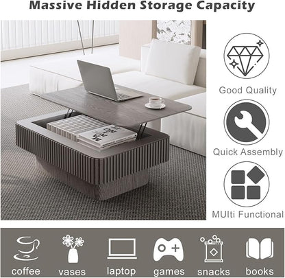 Lift Coffee Table with Storage & Adjustable Height, Rectangle Solid Wood Coffee Table Fluted Center Table Accent Tea Table or Living Room, Apartment, Office (38.6" Grey)