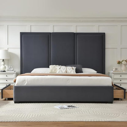 YUHUASHI King Size Bed Frame with 64-inch High Headboard, Simple and Airy Linen Upholstered Platform Bed with Storage Drawers, Wood Slat, No Noise (Grey, King (U.S. Standard))