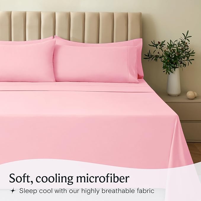 LuxClub 5 PC Split King Sheet Set, Deep Pockets Wrinkle Free Cooling Bed Sheets Hotel Bedding for Women, Men, Includes 1 Fitted Sheet, 1 Flat Sheet and 2 Pillowcases-Baby Pink