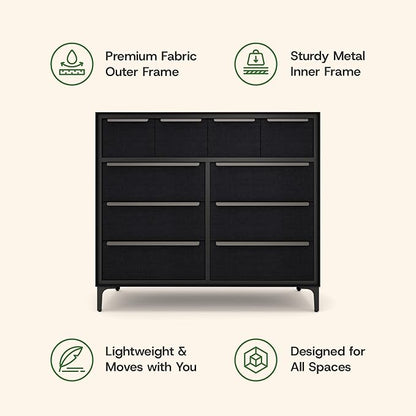Naima Premium Fabric Dresser - Strong Metal Frame, 10 Spacious Sag-Proof Drawers with Sleek Metal Handles - Premium & Durable Storage Solution for Your Home (Black)