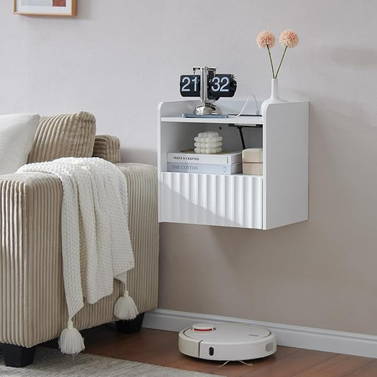 Modern Fluted Floating Nightstand Wall Mounted - Bedside Table with Storage Drawer & Display Shelf, Minimalist Bedroom Furniture for Studio Apartments (Matte White)
