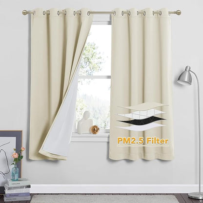 RYB HOME Soundproof & Dust Particle Filtering Curtains 100% Blackout Thermal Insulated Window Treatment Air Filter Drapes for Bedroom Living Room Kids Nursery, Beige, W52 x L63 inch, 2 Panels