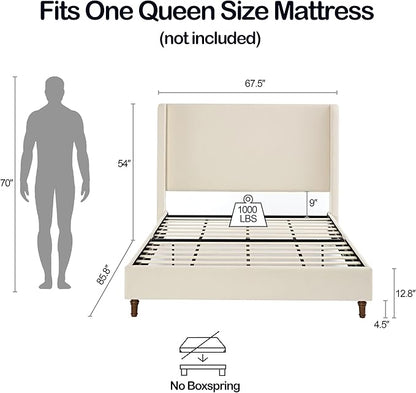 Harper Bed Frame with 54" Extra-Tall Headboard - Modern Wingback Upholstered Platform Bed, Textured Boucle Fabric, 1000lbs Heavy Duty Support, No Box Spring Needed(Ivory, Queen U.S. Standard)