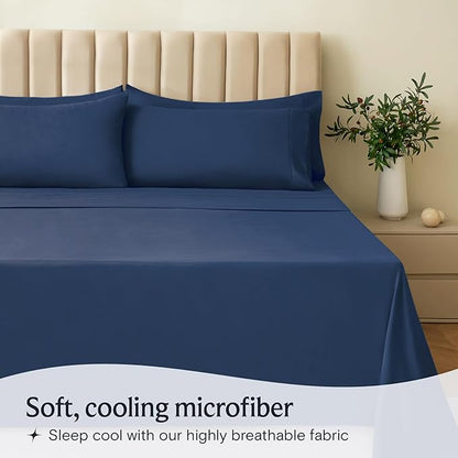 LuxClub 4 PC Full Sheet Set, Deep Pockets Wrinkle Free Cooling Bed Sheets Hotel Bedding for Women, Men, Kids & Teens, Includes 1 Fitted Sheet, 1 Flat Sheet and 2 Pillowcases-Soft Navy