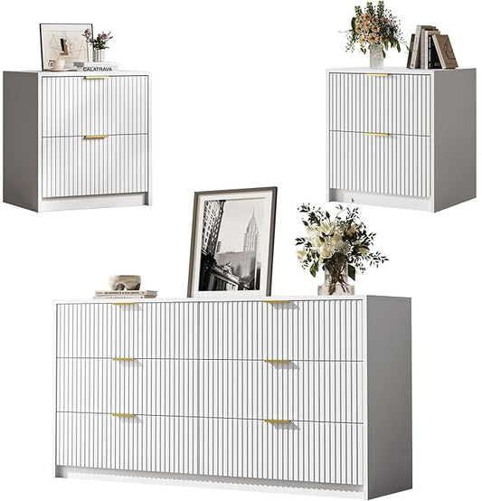3-Piece Dresser Bedroom Set, 6 Drawer Dresser & 2 Drawer Nightstands with Gold Handles, Fluted Wood Chest of Drawers for Bedroom, Living Room, Entryway, White