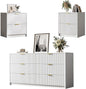 3-Piece Dresser Bedroom Set, 6 Drawer Dresser & 2 Drawer Nightstands with Gold Handles, Fluted Wood Chest of Drawers for Bedroom, Living Room, Entryway, White