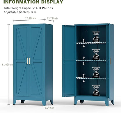 COFaR Home Farmhouse Storage Cabinet with 2 Barn Door, Tall Kitchen Pantry Cupboard with 3 Adjustable Shelves, for Dining Room, Bathroom, Living Room (Blue Green, 61" Farmhouse)