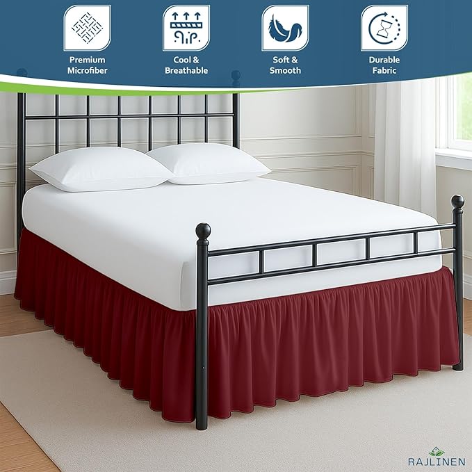 Rajlinen Ruffled Bed Skirt Twin XL, 8 Inch Drop Dust Ruffle with Split Corners, 100% Microfiber Bedskirt with Platform, Three-Sided Coverage Ruffled Gathering Design, Burgundy